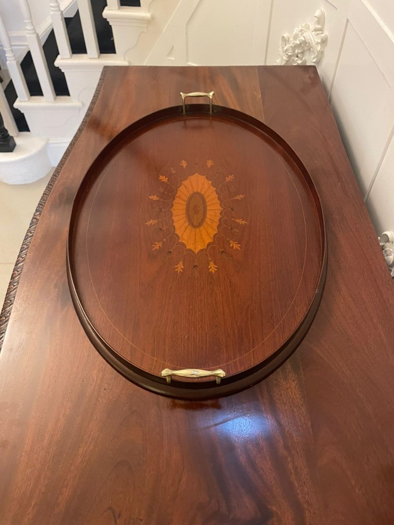 Antique Edwardian Quality Mahogany Inlaid Oval Tea Tray - Image 4